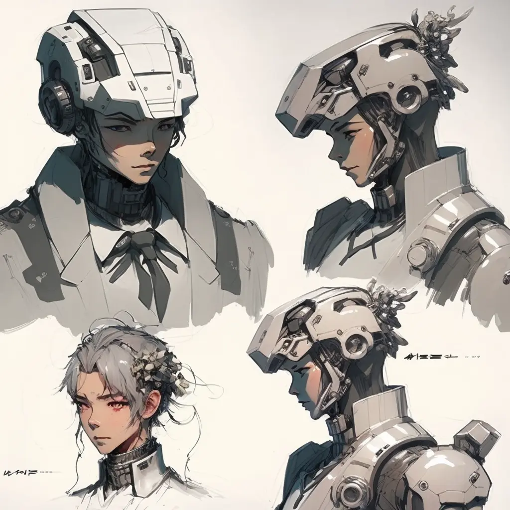 robot butler, head, close up character design, multiple concept designs, concept design sheet, white background, style of Yoji Shinkawa